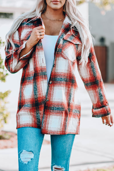 Red Turn down Neck Plaid Pocket Button Closure Coat-Outerwear-MomFashion