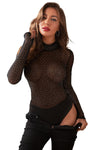 Black Mesh Silver Studded Mock Neck Bodysuit-Tops-MomFashion