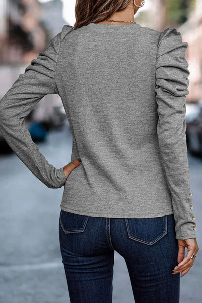 Gray Buttoned Puff Long Sleeve Sheath Top-Tops-MomFashion