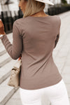 Khaki Ribbed Knit Patched Chest Pocket V Neck Top-Tops-MomFashion