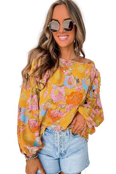 Ginger Floral Print Ruffle Puff Sleeve Blouse-Tops-MomFashion