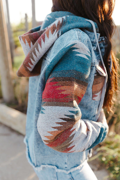 Multicolor Aztec Print Frayed Hem Denim Jacket-Outerwear-MomFashion