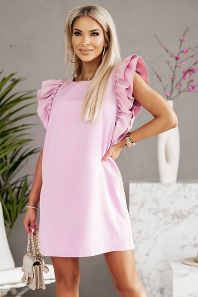 Pink Round Neck Ruffle Shift Mini Dress-Dresses-MomFashion