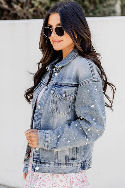 Sky Blue Pearl Beaded Chest Pockets Buttoned Denim Jacket-Outerwear-MomFashion