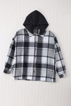 Gray Hooded Plaid Button Front Shacket-Outerwear-MomFashion