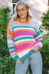 Multicolor Striped Knit Drop Shoulder Puff Sleeve Sweater-Tops-MomFashion