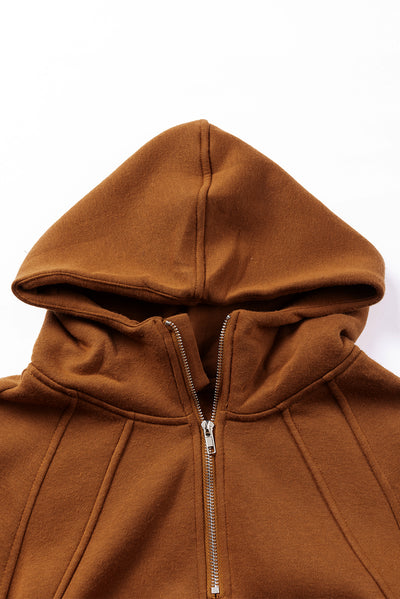 Brown Quarter Zip Kangaroo Pocket Hoodie-Tops-MomFashion