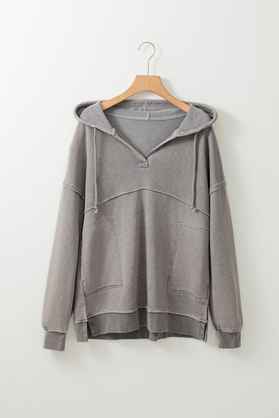 Gray Mineral Wash Exposed Seam Pullover Hoodie-Tops-MomFashion