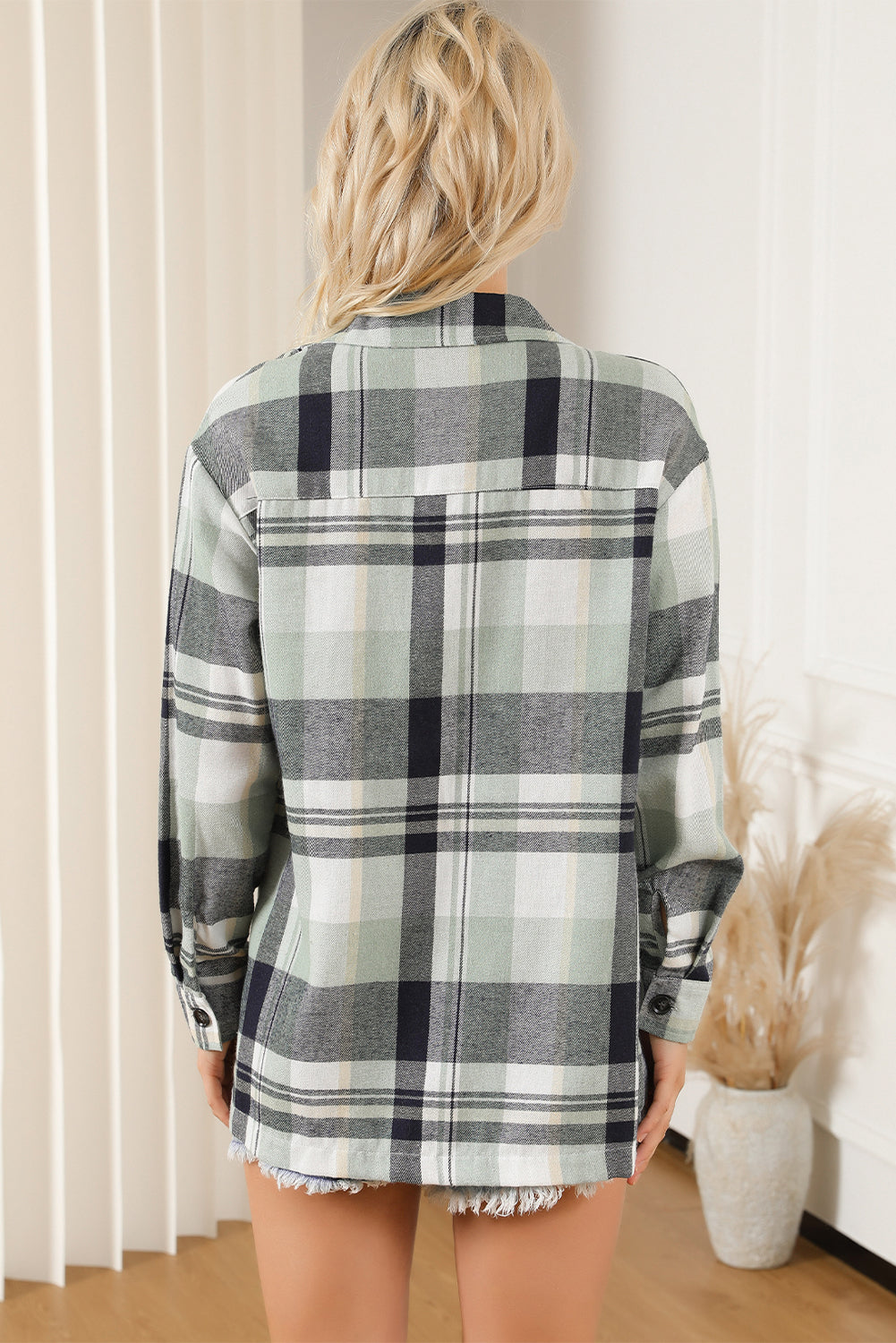 Green Plaid Button Up Patch Pocket Shirt-Tops-MomFashion