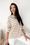 Khaki Striped Boat Neck Long Sleeve Top-Tops-MomFashion