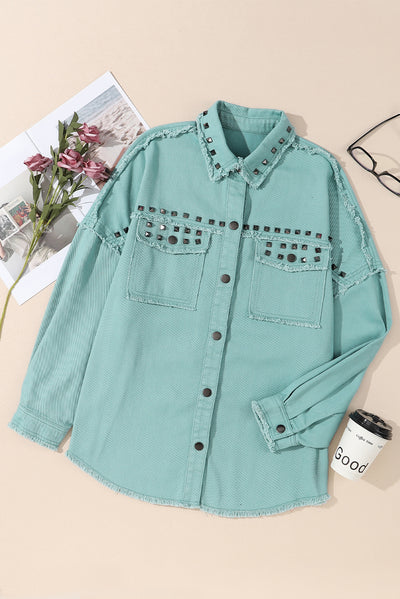 Mist Green Frayed Trim Riveted Denim Jacket-Outerwear-MomFashion