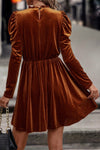 Chestnut Velvet Frilled Neck Gigot Sleeve Swing Dress-Dresses-MomFashion