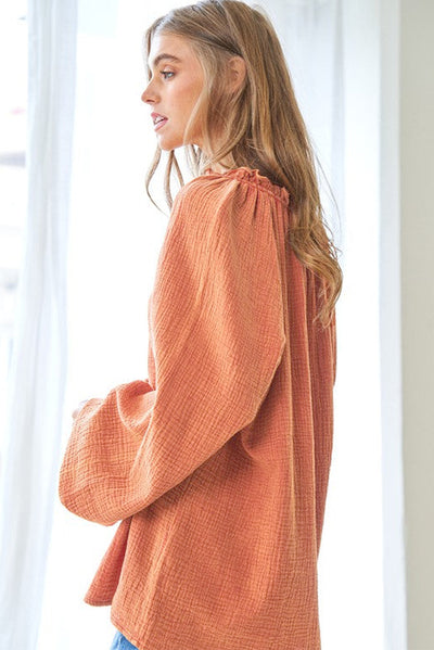 Orange Crinkle Textured Frill Split Neck Puff Sleeve Blouse-Tops-MomFashion