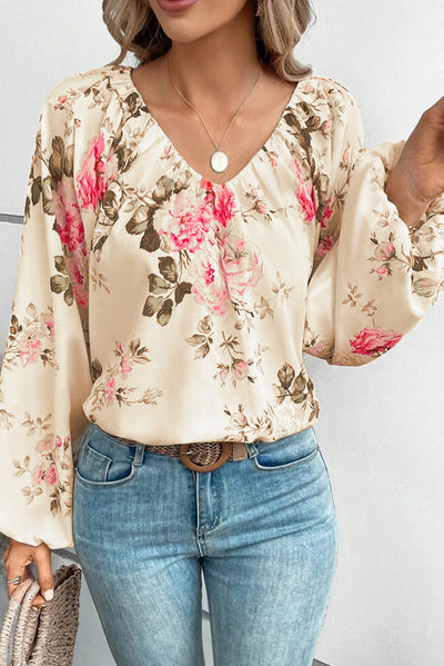 Beige Floral Print Lantern Sleeve V-Neck Blouse-Tops-MomFashion