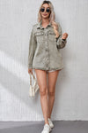 Sage Green Acid Wash Flap Pocket Raw Hem Tunic Denim Jacket-Outerwear-MomFashion