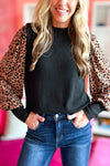 Black Leopard Print Long Sleeve Ribbed Knit Blouse-Tops-MomFashion