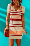 Apricot Striped Ribbed Knit V Neck Bodycon Mini Dress-Dresses-MomFashion