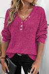 Rose Red Pointelle Knit Button V Neck Drop Shoulder Sweater-Tops-MomFashion