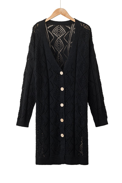 Black Hollow-out Openwork Knit Cardigan-Tops-MomFashion