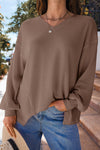 Coffee Waffle V Neck Long Sleeve Drop Shoulder Loose Blouse-Tops/Blouses & Shirts-MomFashion