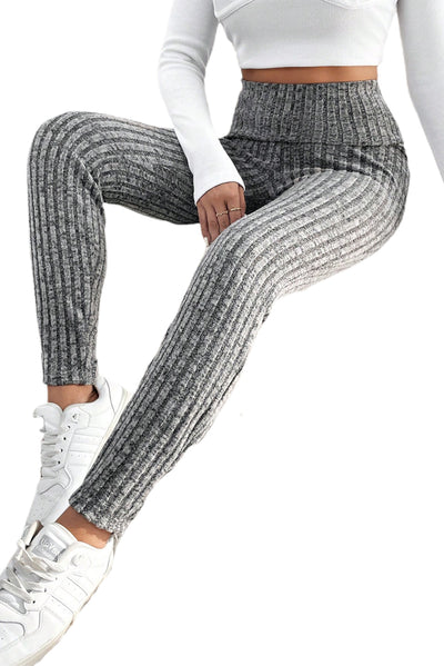 Gray Wide Waistband Ribbed Textured Knit Leggings-Bottoms-MomFashion