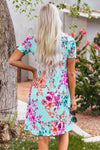 Sky Blue Short Sleeve High Waist Floral T-shirt Dress-Dresses-MomFashion