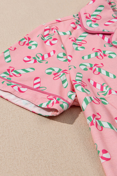 Pink Christmas Candy Cane Print Pocketed Knotted Pajama Set-Loungewear & Sleepwear/Sleepwear-MomFashion