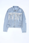 Sky Blue Sequin Embellished Fringe Distressed Denim Jacket-Outerwear-MomFashion