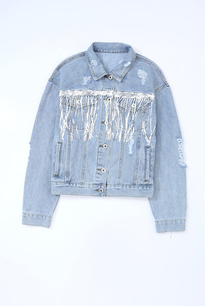 Sky Blue Sequin Embellished Fringe Distressed Denim Jacket-Outerwear-MomFashion