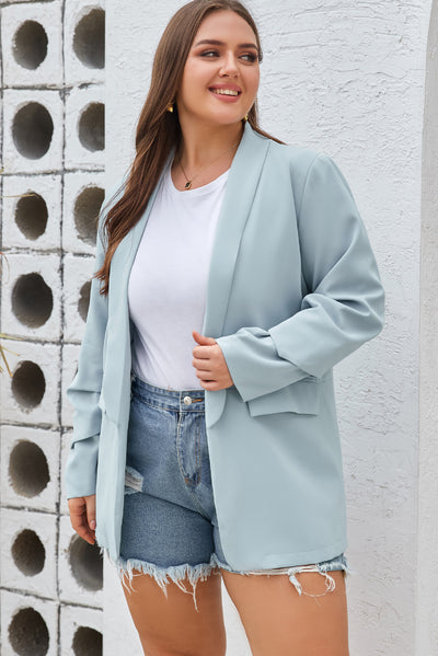 Sky Blue Plus Size Soft Lightweight Pocketed Lapel Blazer-Plus Size-MomFashion