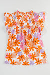 Orange Ruffled Sleeve Smocked Floral Top-Tops-MomFashion