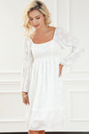 White Jacquard Square Neck Bubble Sleeve Dress-Dresses-MomFashion