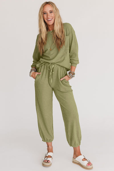 Laurel Green Waffle Knit Long Sleeve Top Drawstring Joggers Set-Loungewear-MomFashion