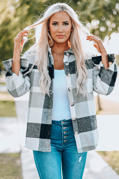 Gray Plaid Color Block Buttoned Long Sleeve Jacket with Pocket-Outerwear-MomFashion