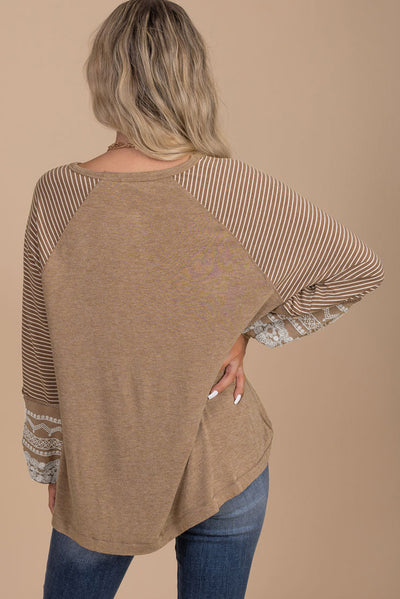 Light French Beige Floral Striped Patchwork Loose Long Sleeve Top-Tops-MomFashion