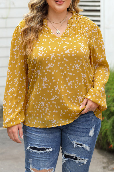 Yellow Plus Size Floral Print Ruched Split Neck Blouse-Plus Size-MomFashion