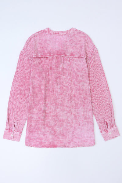 Pink Crinkle Textured Loose Henley Top-Tops-MomFashion