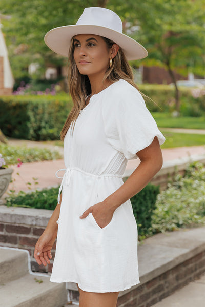 White Puff Sleeve Drawstring Shirt Dress with Pockets-Dresses-MomFashion