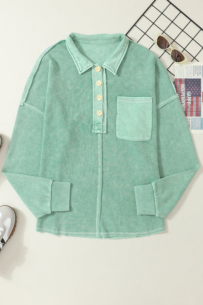 Laurel Green Waffle Exposed Seam Pocket Henley Sweatshirt-Tops-MomFashion