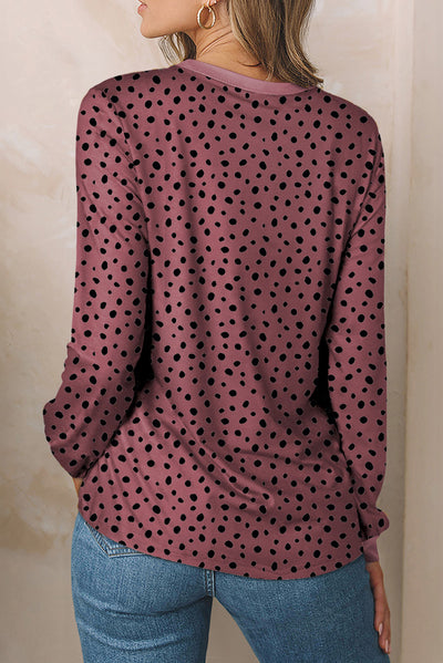 Animal Spotted Print Round Neck Long Sleeve Top-Tops-MomFashion