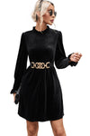 Black Velvet Frill Neck Long Sleeve Shift Dress-Dresses-MomFashion