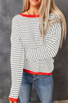 Gray Contrast Trimmed Striped Drop Shoulder Sweater-Tops-MomFashion