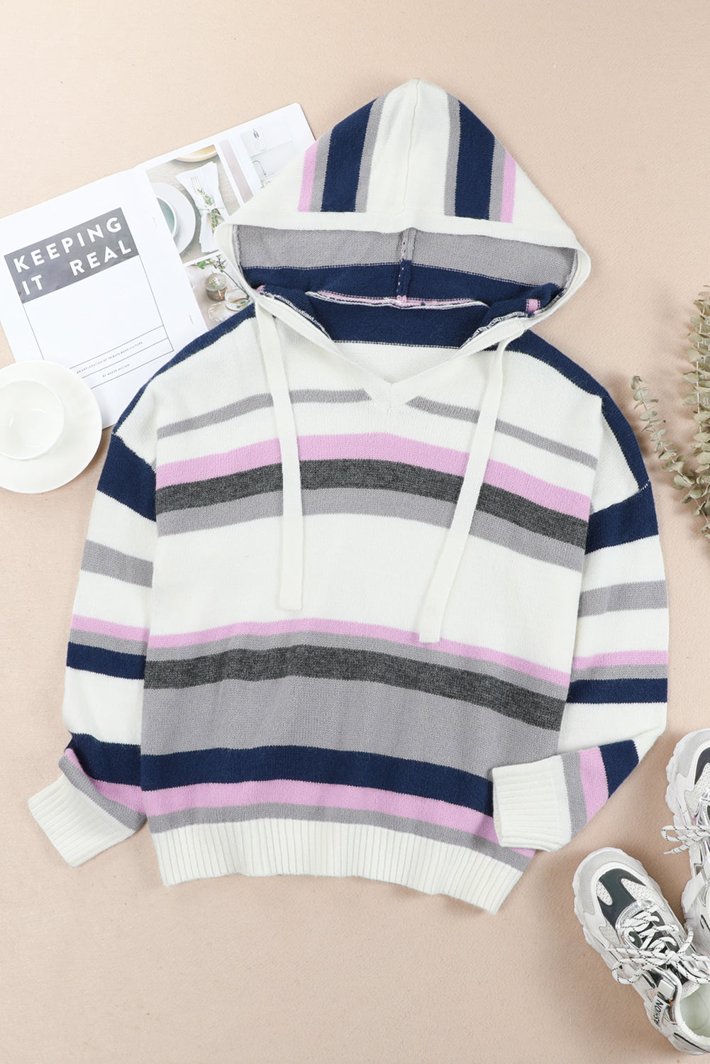Stripe Plus Size Striped Hooded Knit Sweater-Plus Size-MomFashion