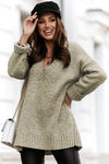 Gray V neck Drop Shoulder Knitted Sweater-Tops-MomFashion