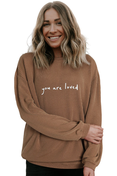 Khaki You Are Loved Print Corduroy Sweatshirt-Tops-MomFashion