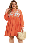 Orange Plus Size Embroidered Tiered Ruffle Dress-Plus Size-MomFashion