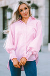 Pink Smocked Cuffed Striped Boyfriend Shirt with Pocket-Tops-MomFashion