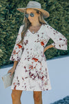 White V Neck 3/4 Sleeve Floral Dress-Dresses-MomFashion