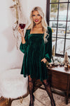 Green Tie Back Square Neck Velvet Babydoll Dress-Dresses-MomFashion