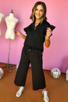 Black Textured Flutter Sleeve Top Wide Leg Pants Set-Loungewear-MomFashion